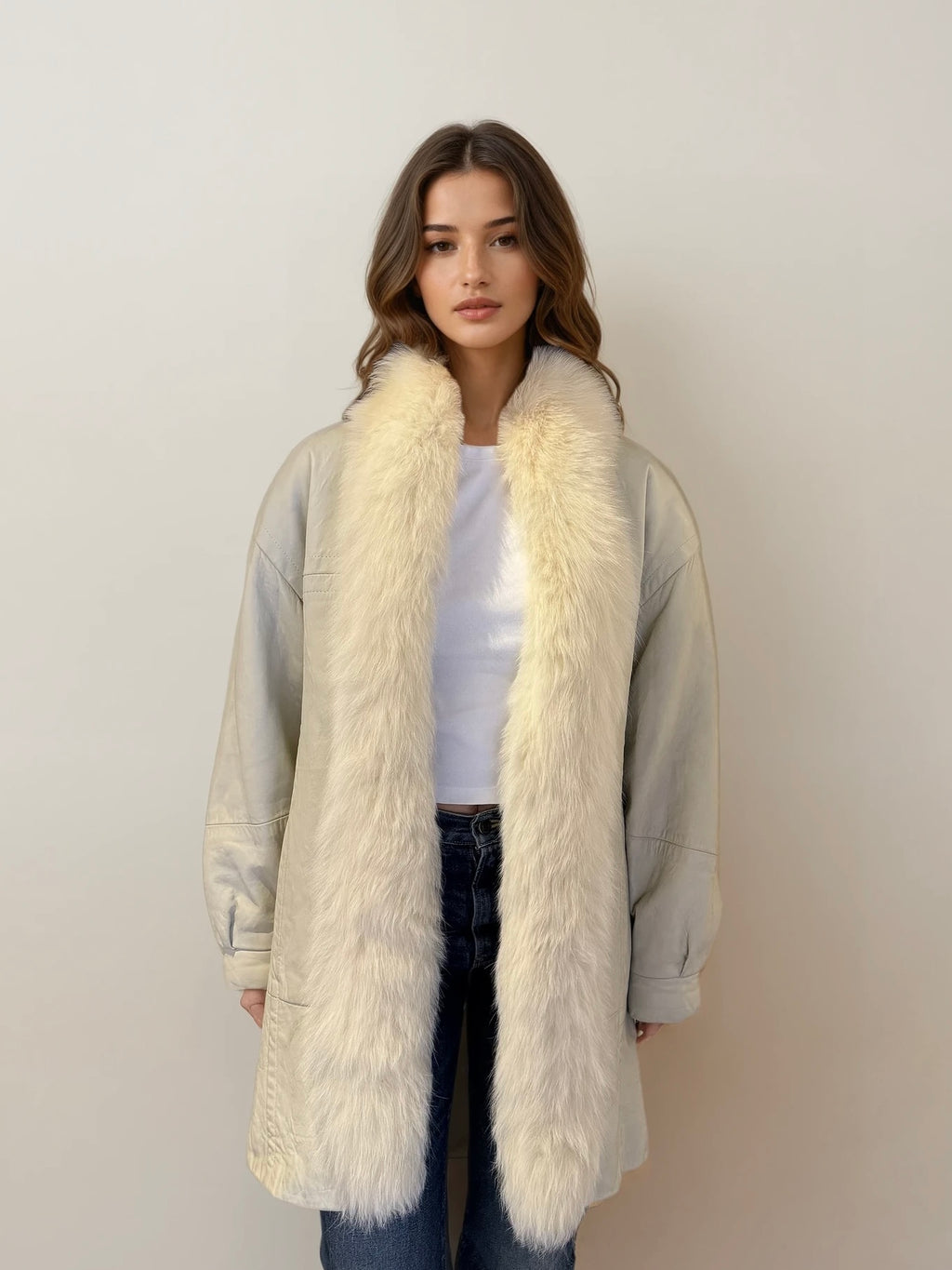 Cream Leather Fur Collar Jacket