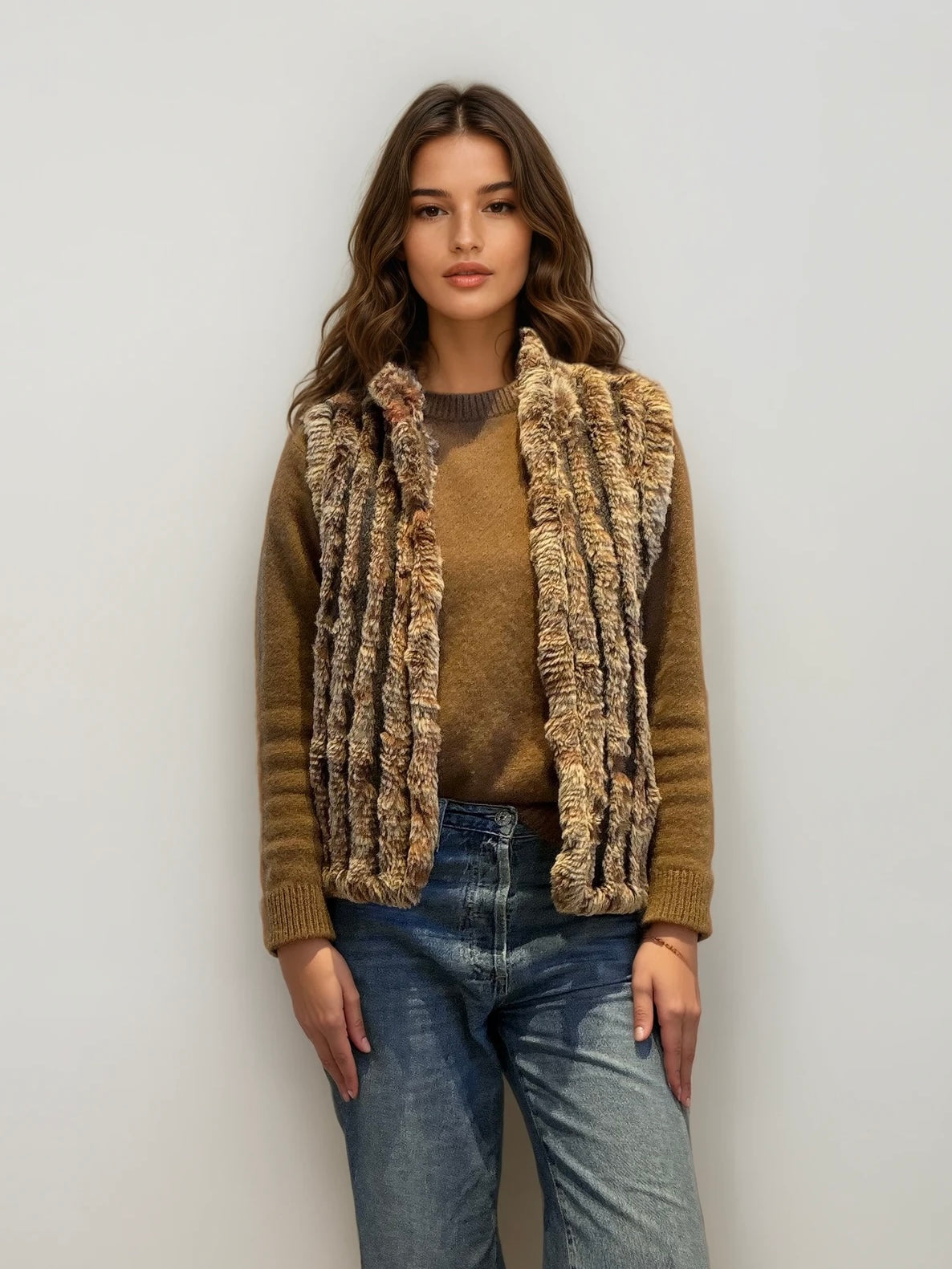 Beige and Brown Fur Vest