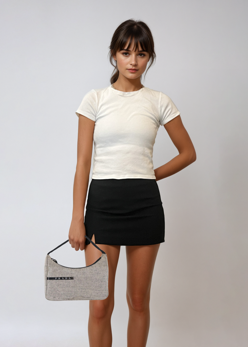 Prada Light Grey Canvas Shoulder Bag