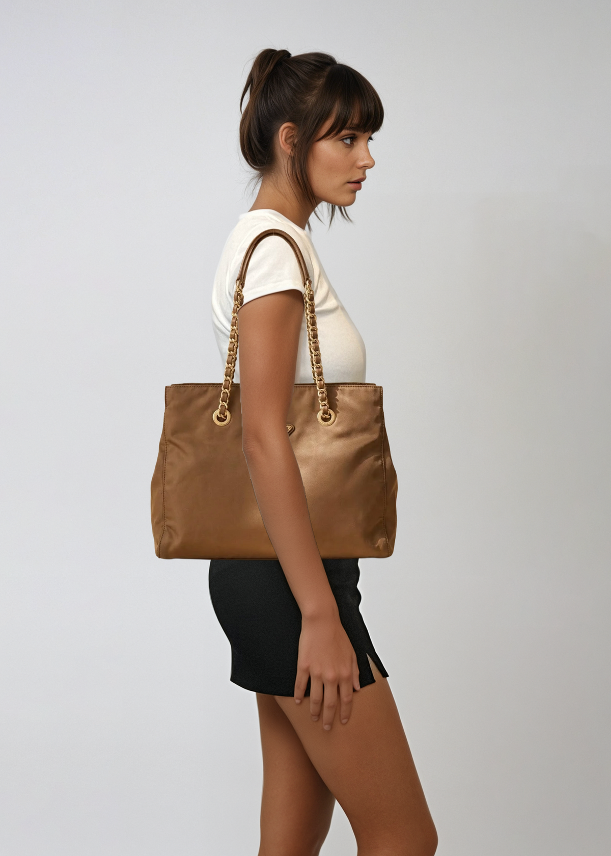 Prada Brown and Gold Strap Shoulder Bag