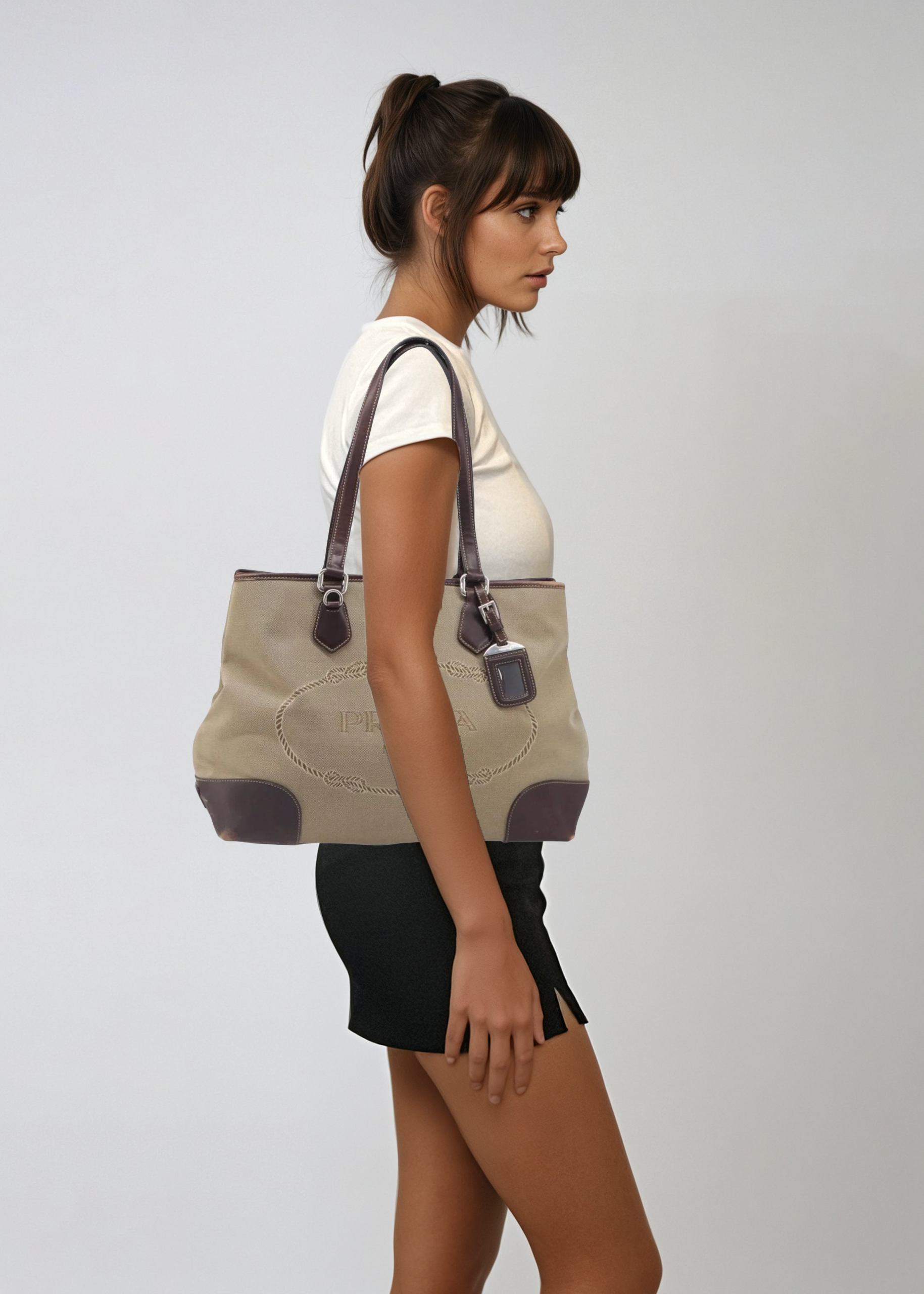 Prada Tan Canvas Shoulder Bag