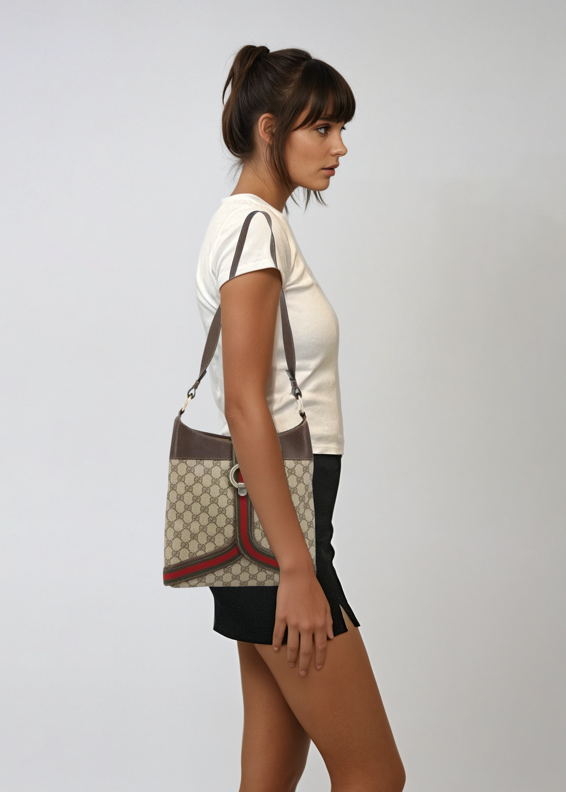 Gucci Brown Monogram Leather Trimmed Shoulder Bag