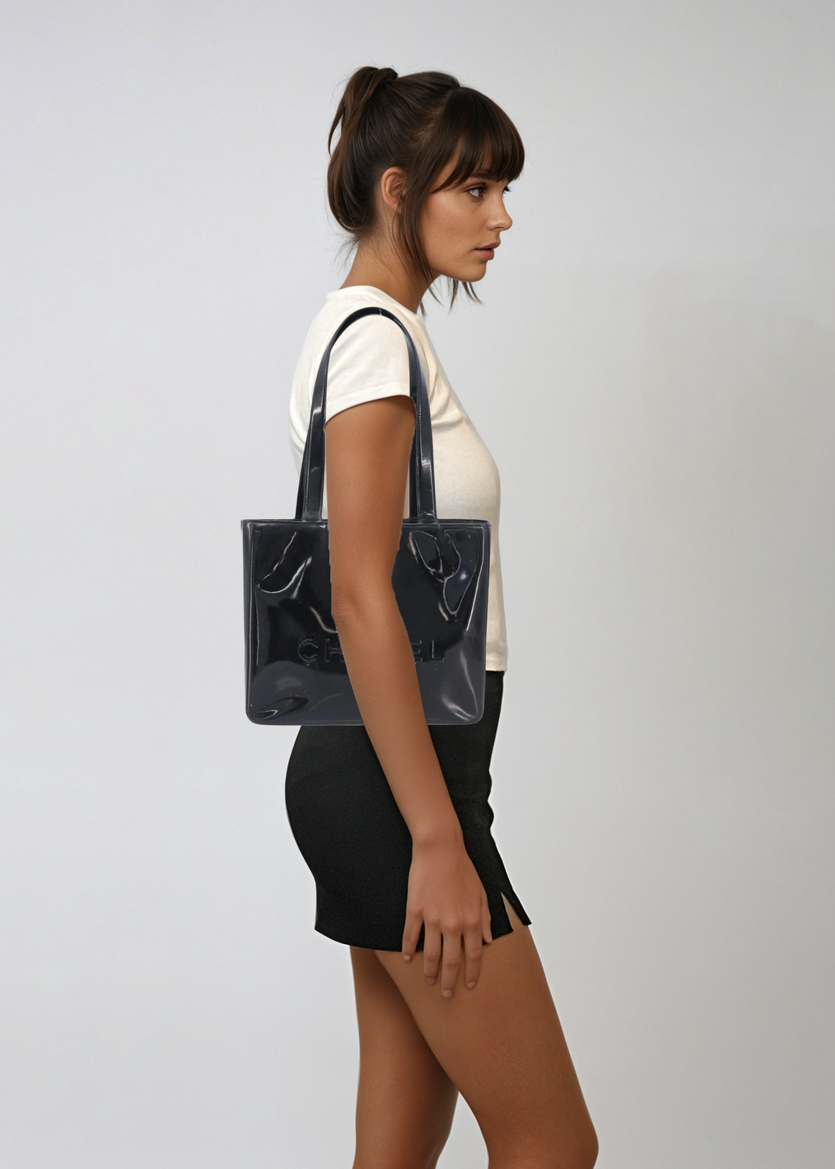 Chanel Black Patent Embossed Logo Tote