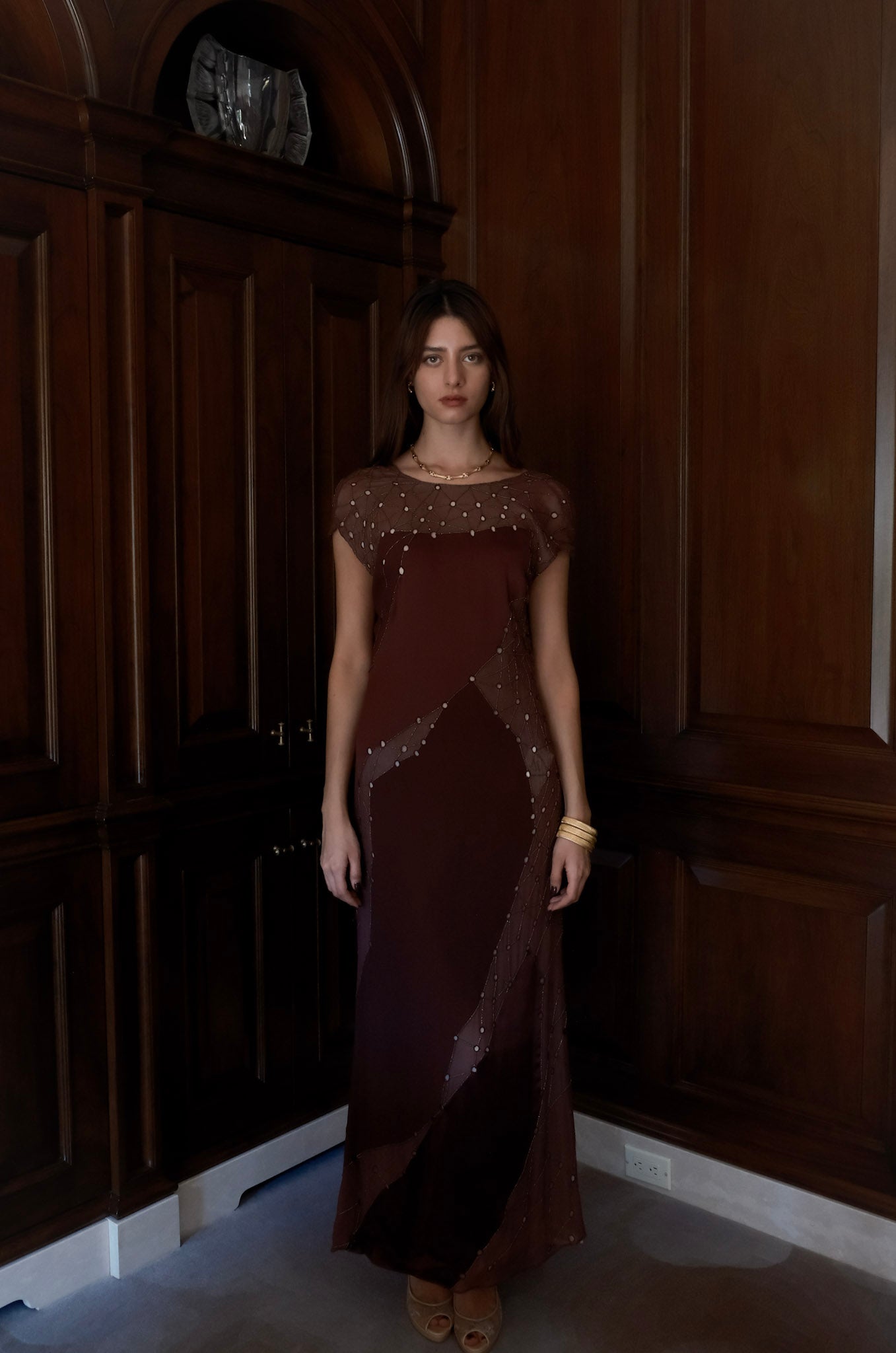 Beaded Patchwork V Neck Dress
