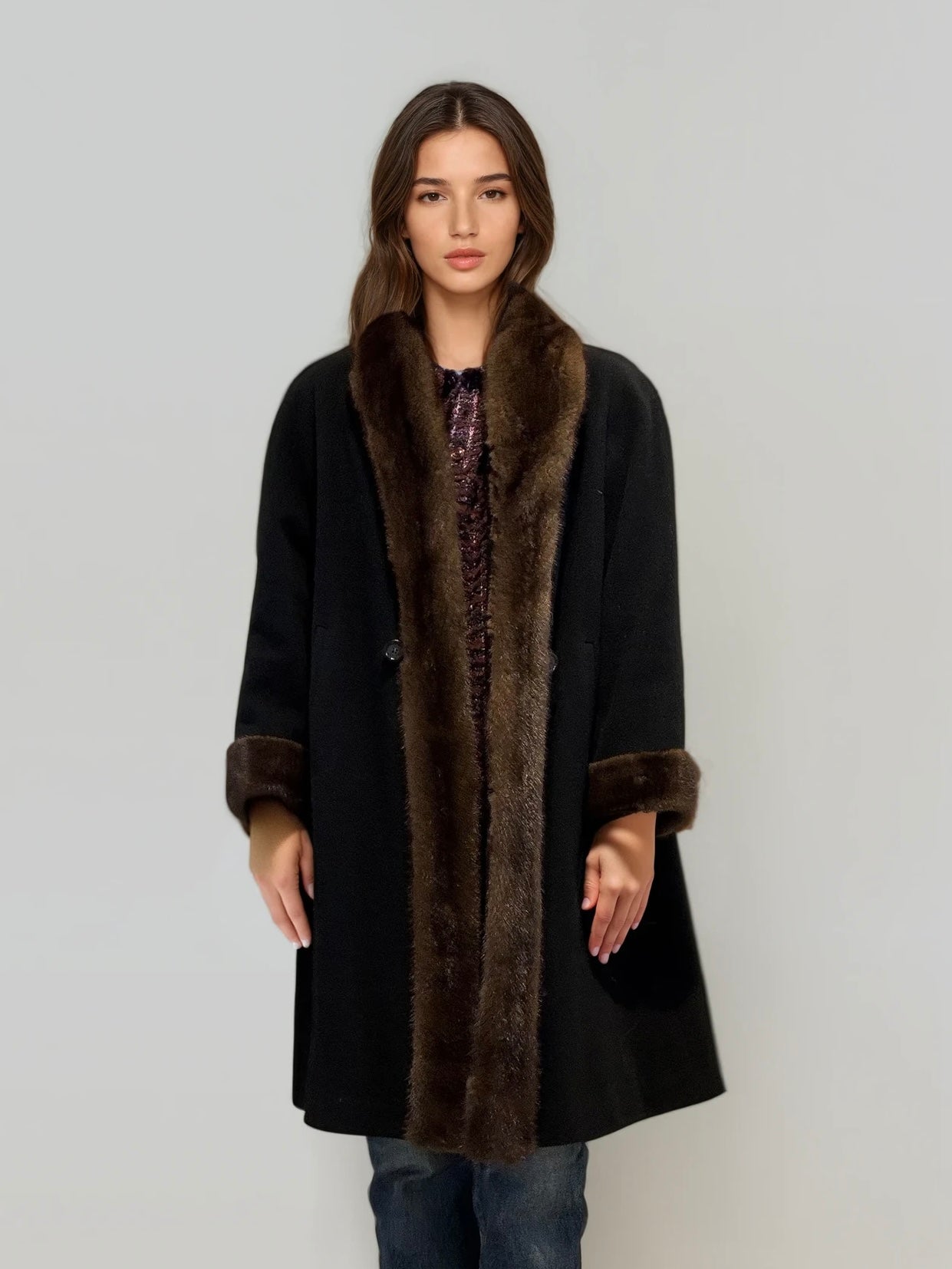 Black and Brown Wool and Mink Short Coat