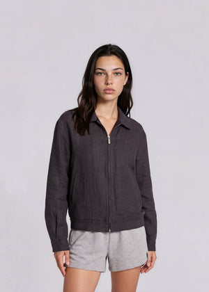YSL Dark Grey Knit Collared Bomber with Black Logo