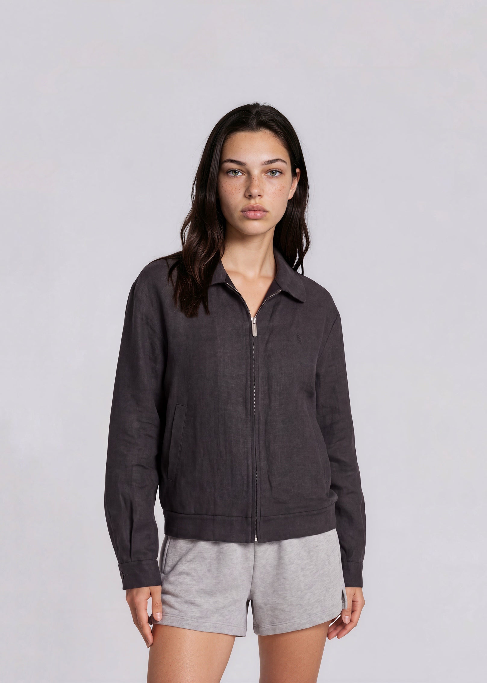 YSL Dark Grey Knit Collared Bomber with Black Logo