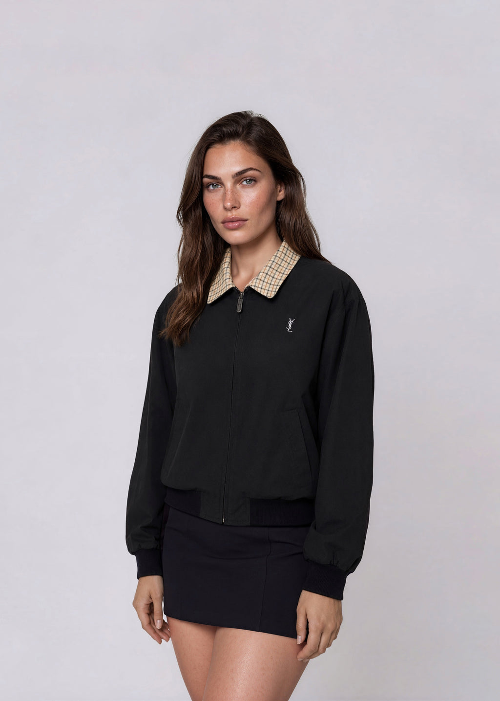 YSL Black Plaid Collared Bomber