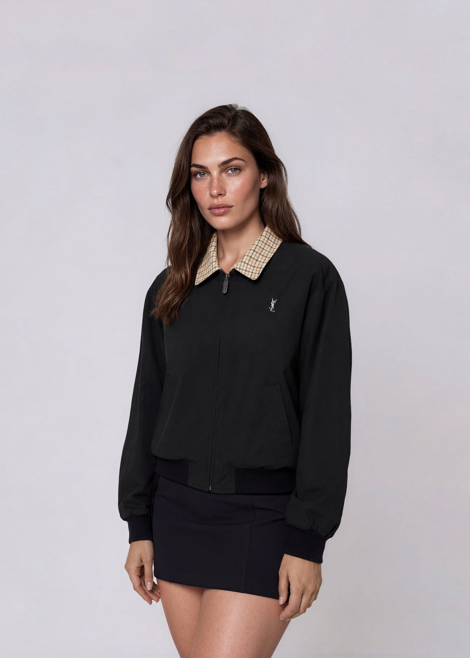 YSL Black Plaid Collared Bomber