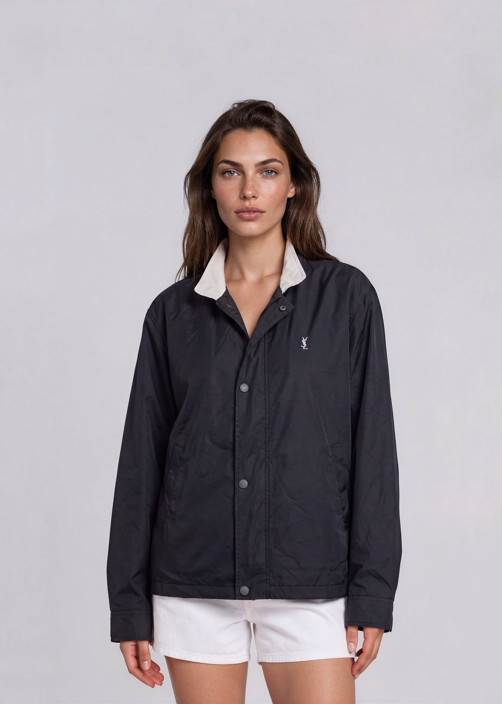 YSL Black Windbreaker Bomber with White Logo
