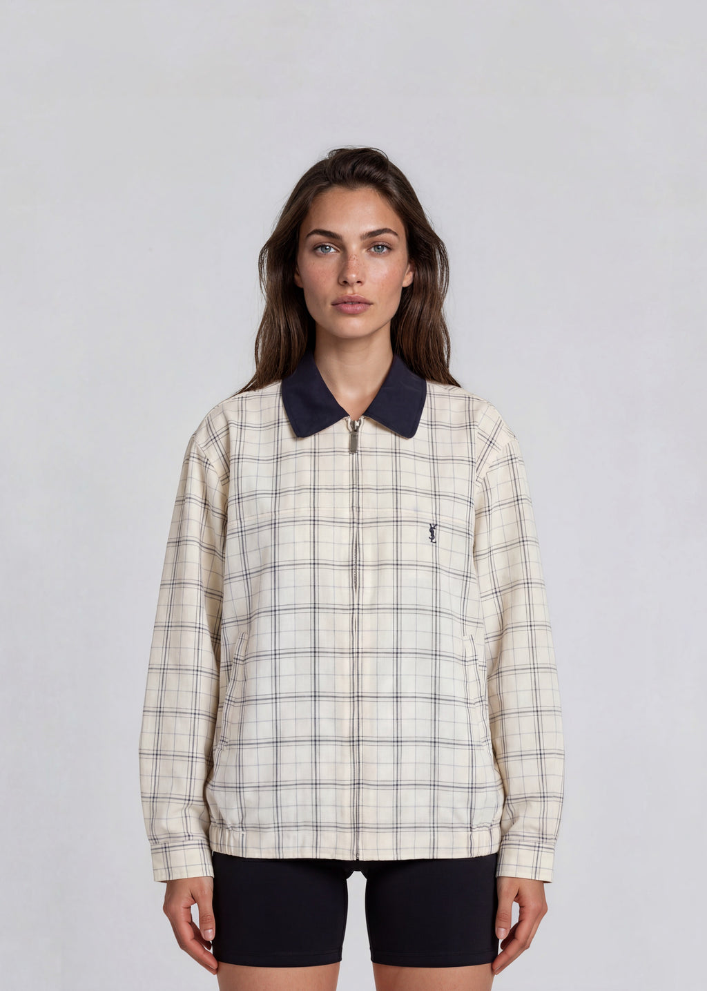 YSL Navy Collared White Plaid Bomber