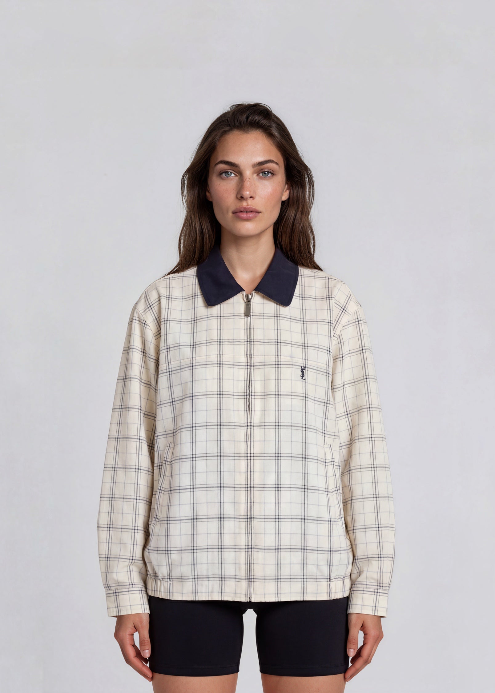 YSL Navy Collared White Plaid Bomber