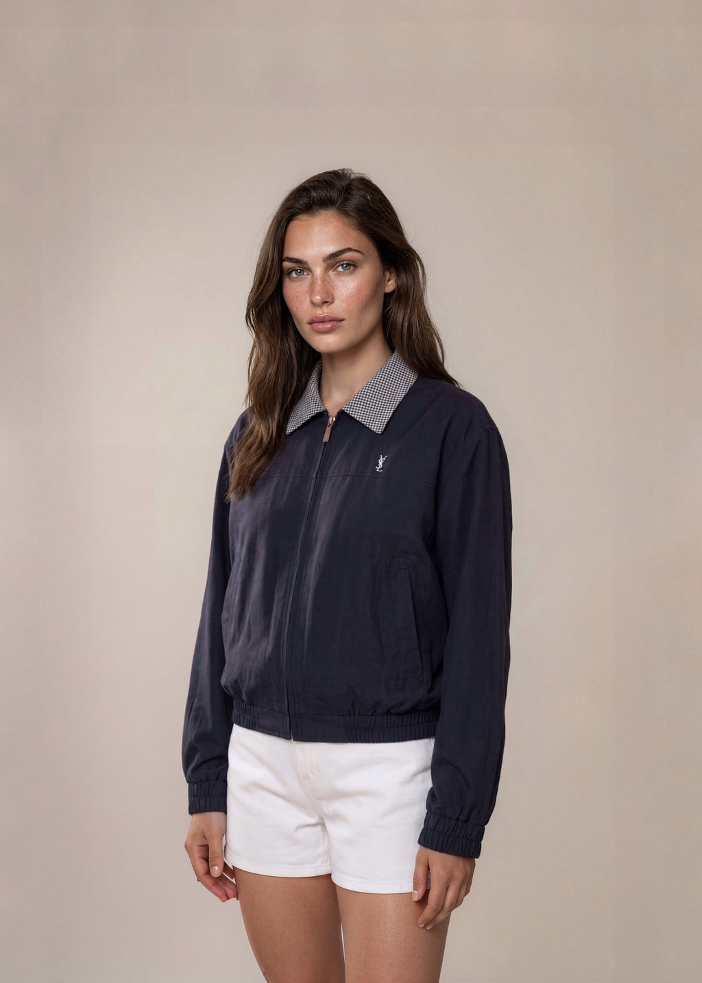 YSL Navy Gingham Collared Bomber with White Logo