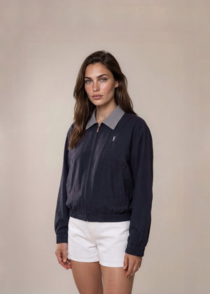 YSL Navy Gingham Collared Bomber with White Logo