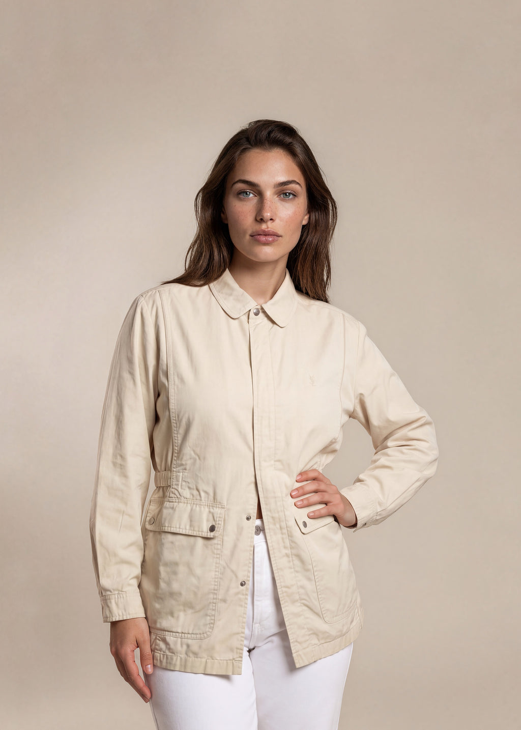 YSL White Round Collared Pocket Bomber