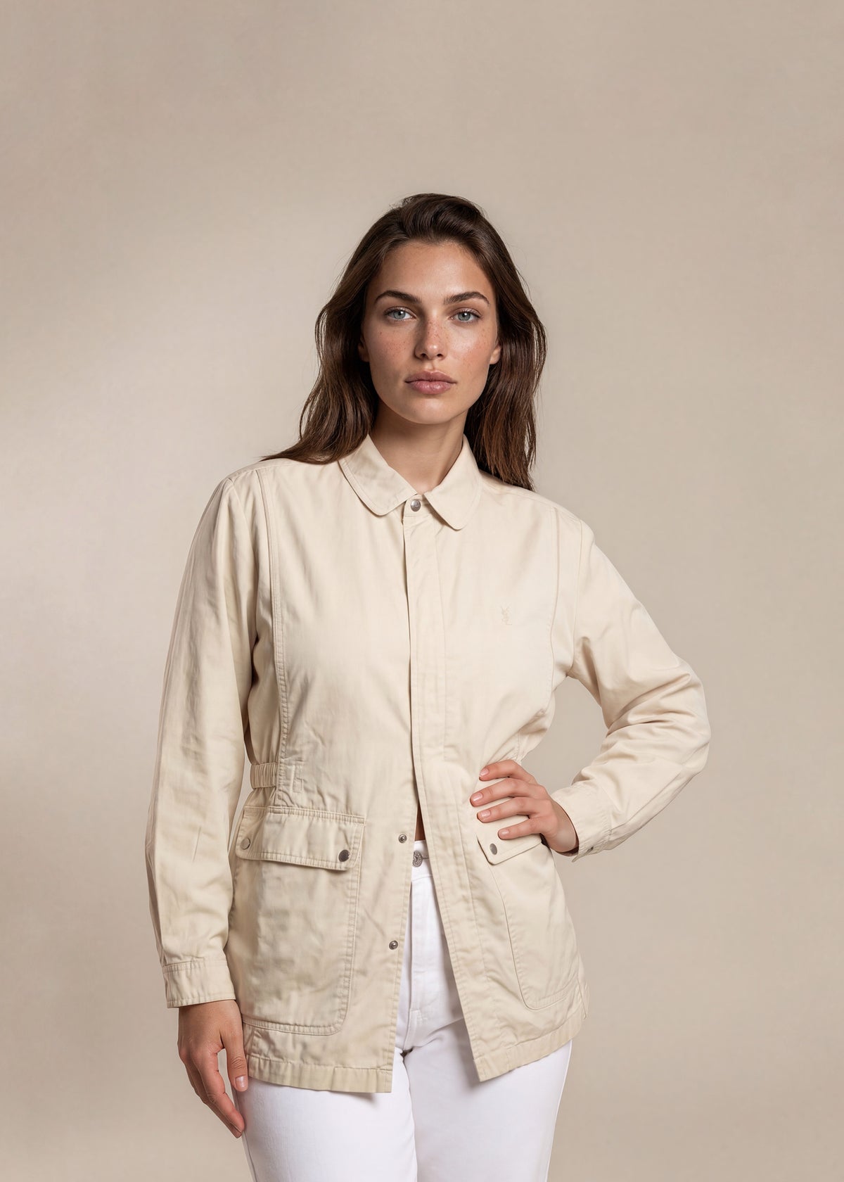 YSL White Round Collared Pocket Bomber