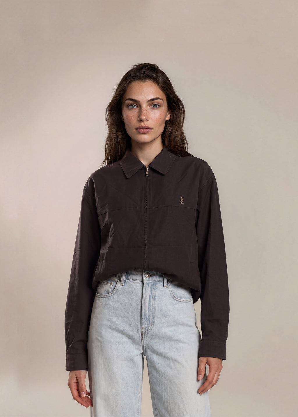 YSL Navy Classic Collared Bomber with White Logo