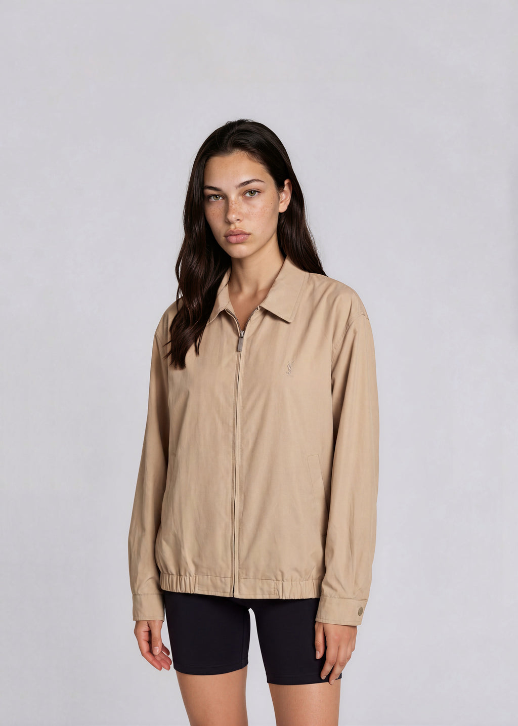 YSL Tan Collared Bomber with White Logo