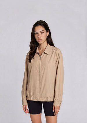 YSL Tan Collared Bomber with White Logo