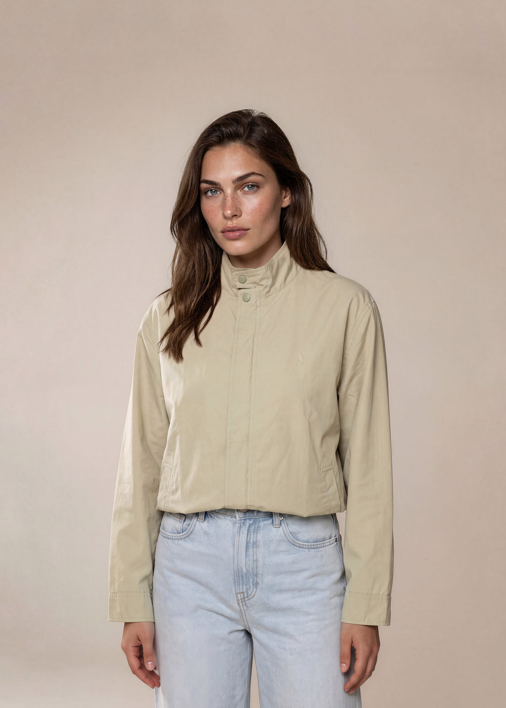 YSL Tan Windbreaker Zip Bomber with Button Detail