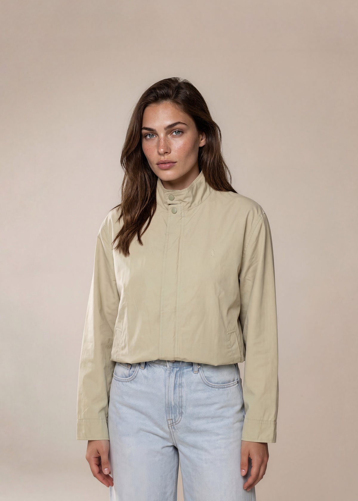 YSL Tan Windbreaker Zip Bomber with Button Detail