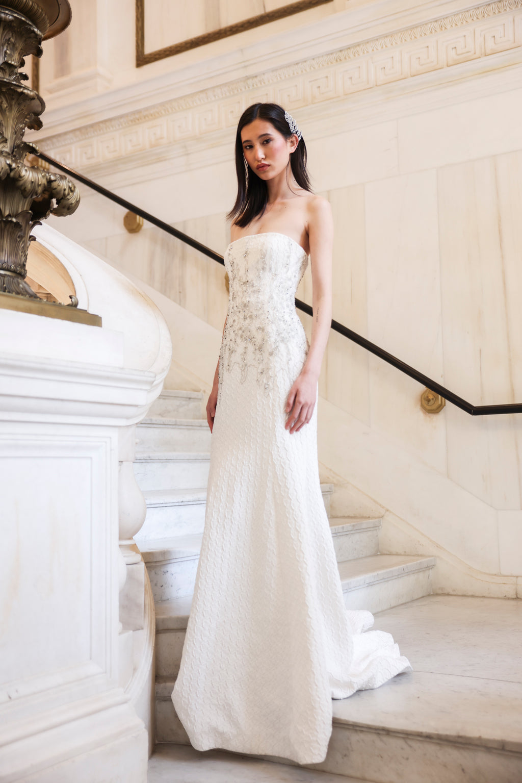 White Strapless Embroidered Gown