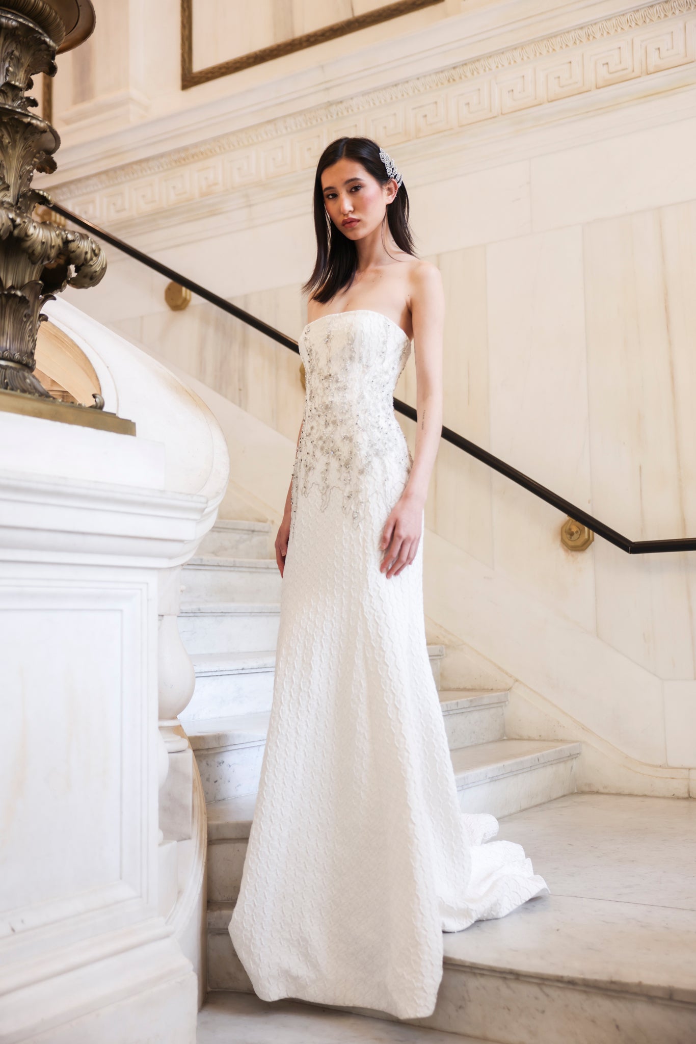 White Strapless Embroidered Gown