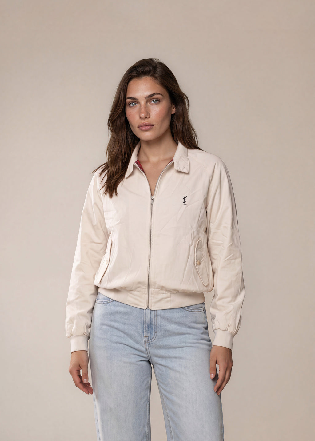 YSL Bright White Knit Collared Bomber with Button Pockets