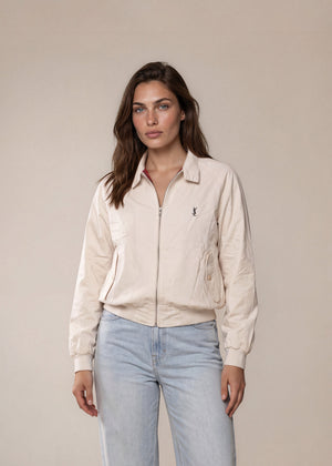 YSL Bright White Knit Collared Bomber with Button Pockets