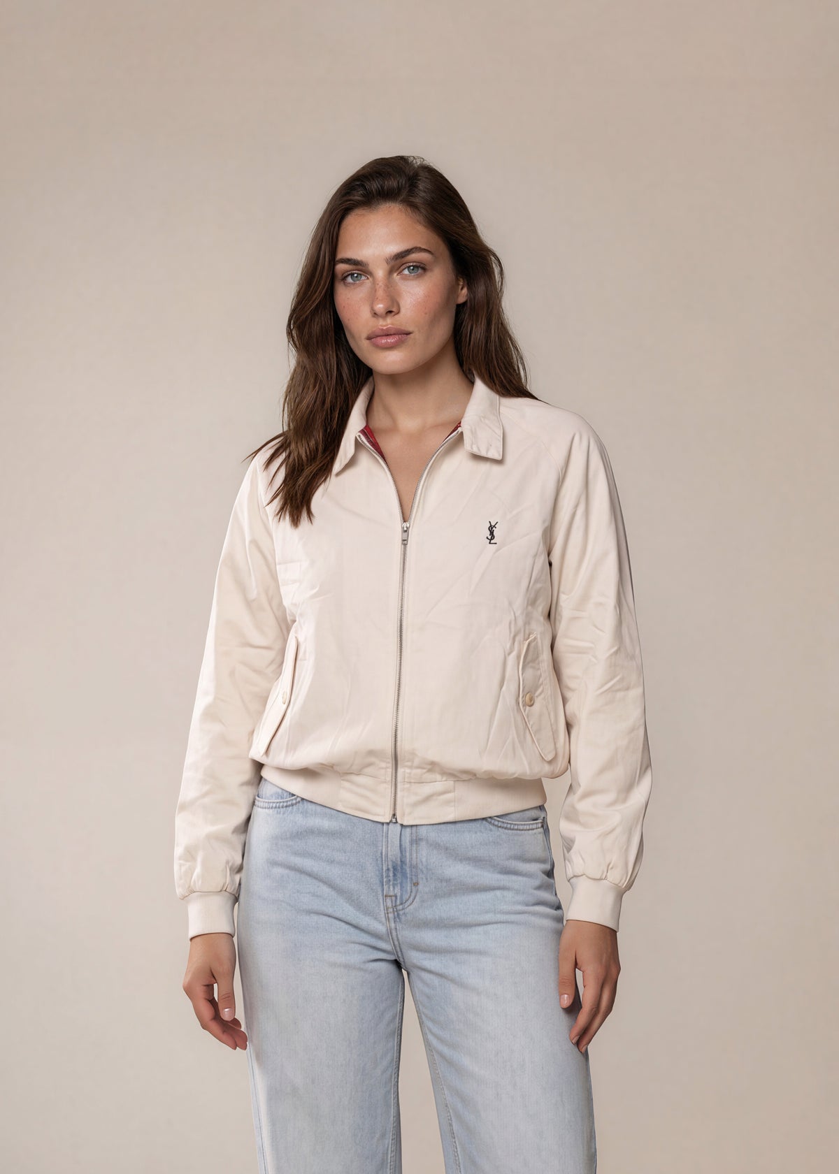 YSL Bright White Knit Collared Bomber with Button Pockets