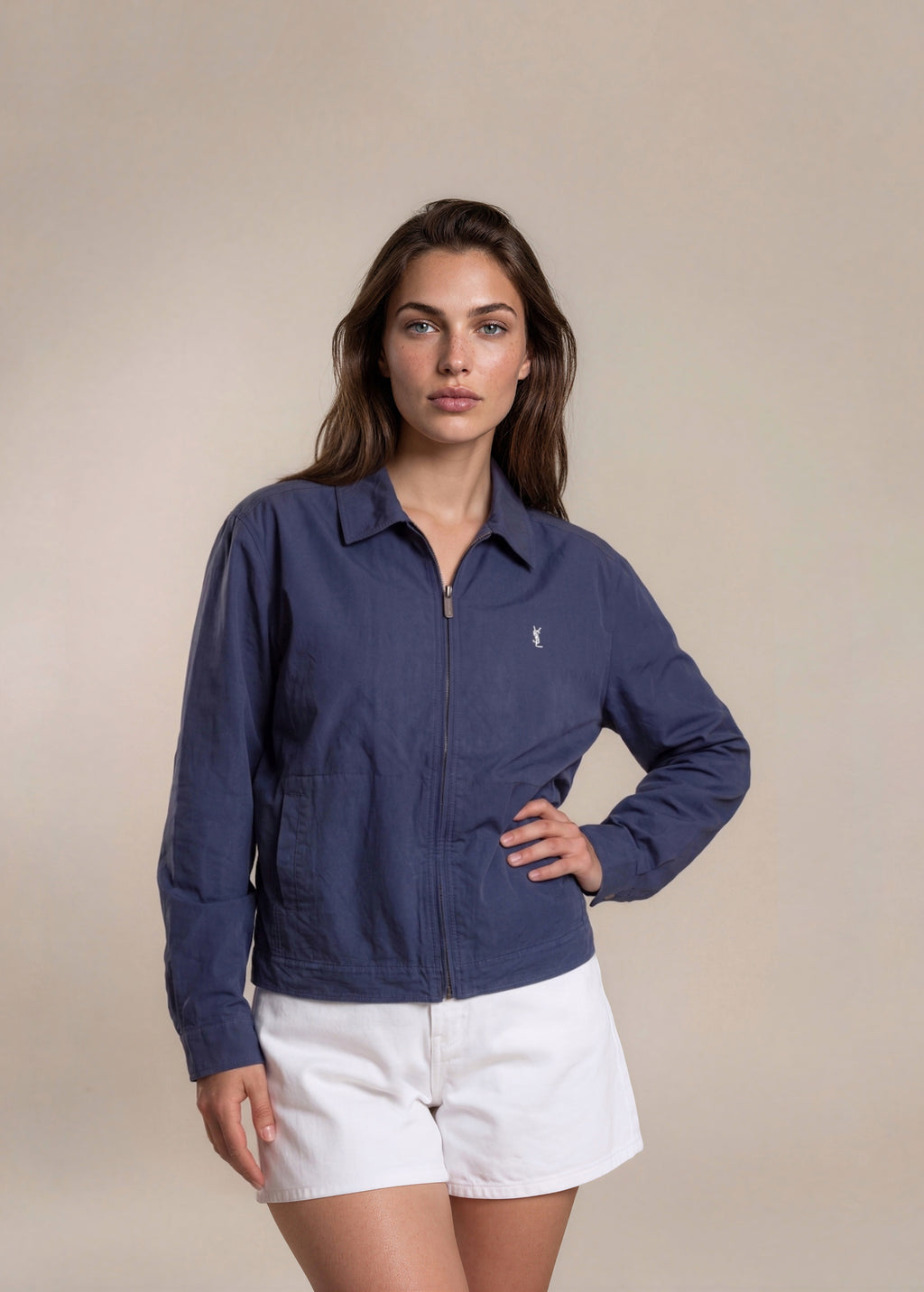 YSL Classic Blue Collared Bomber with White Logo