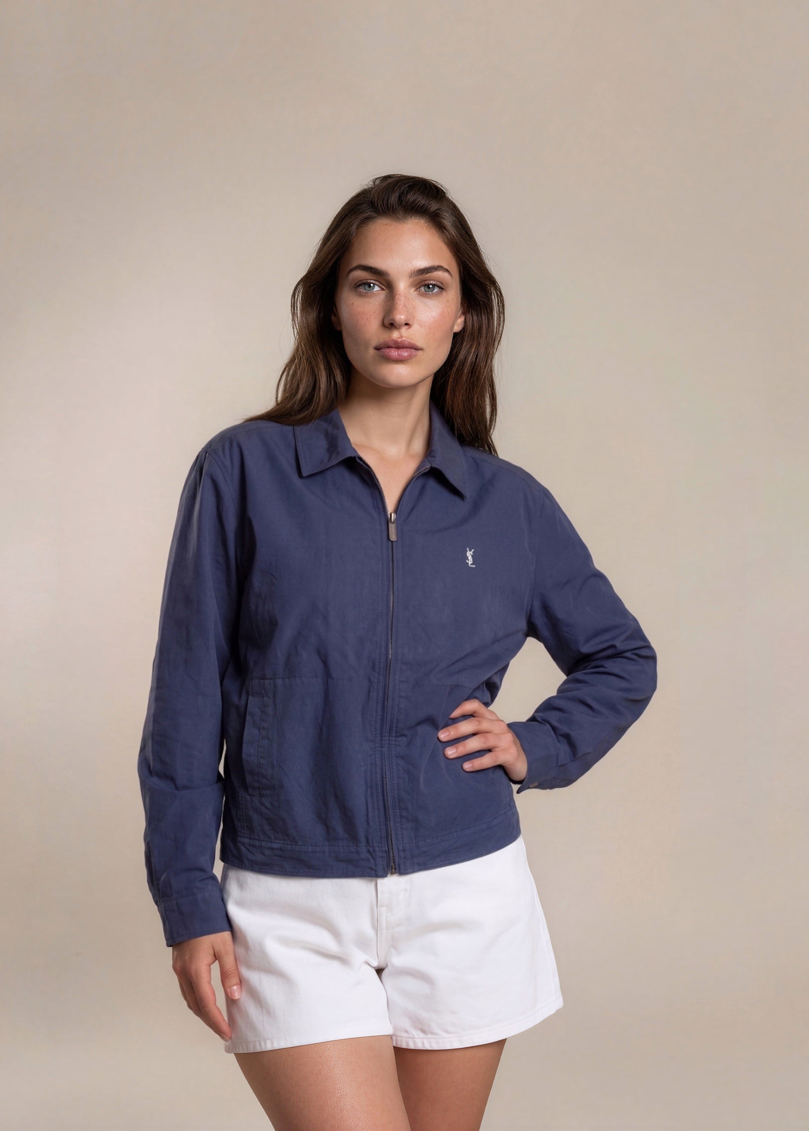 YSL Classic Blue Collared Bomber with White Logo