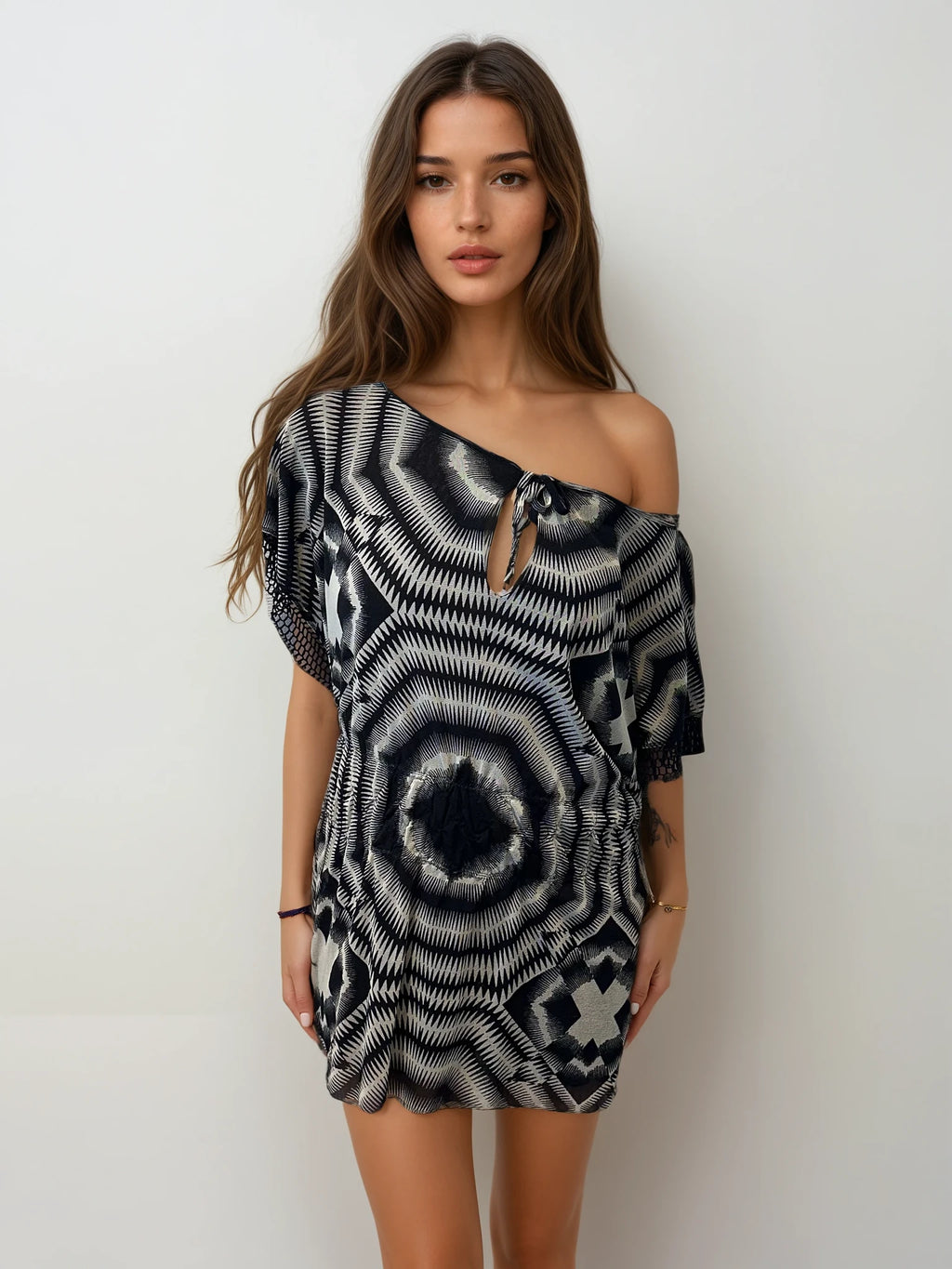 Jean Paul Gaultier Black and White Mesh Printed Dress
