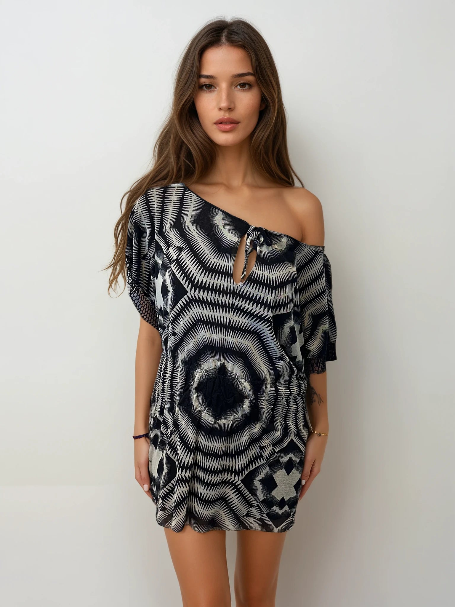 Jean Paul Gaultier Black and White Mesh Printed Dress