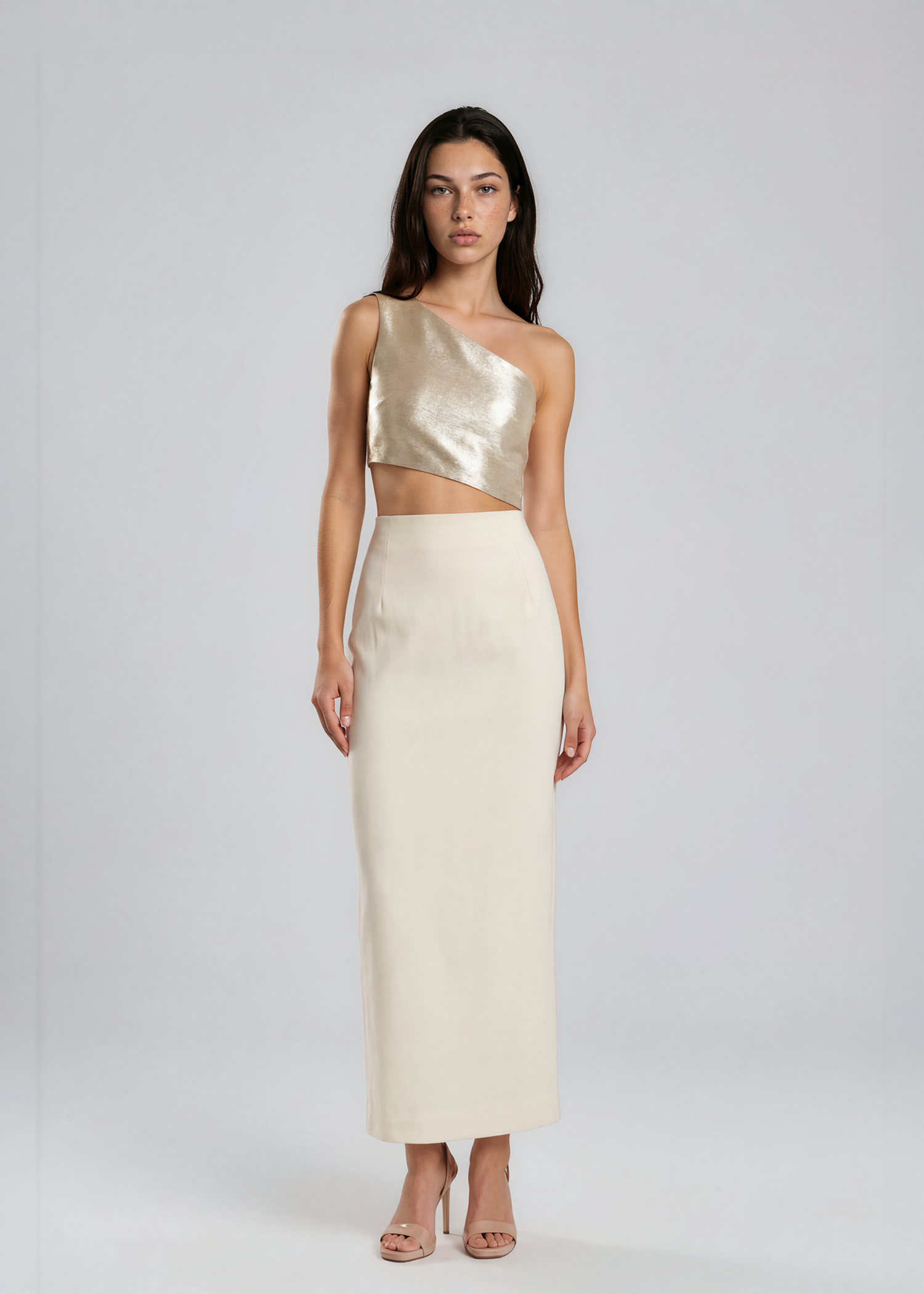 Cream Metallic One Shoulder Dress
