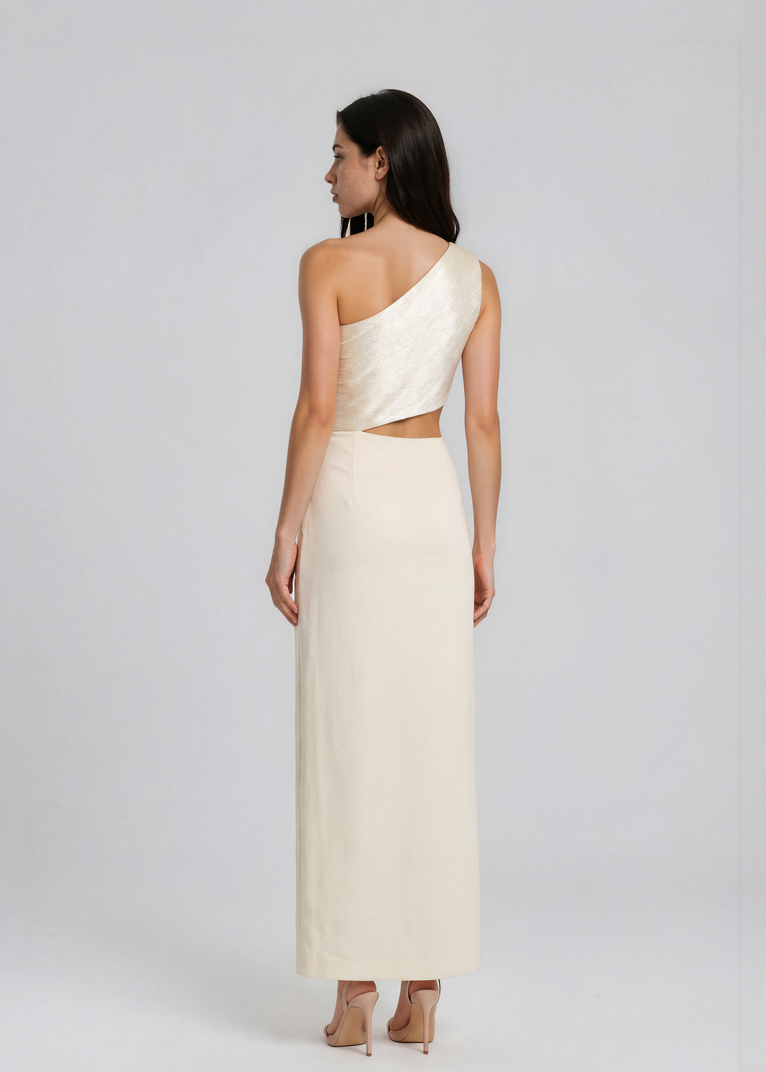 Cream Metallic One Shoulder Dress