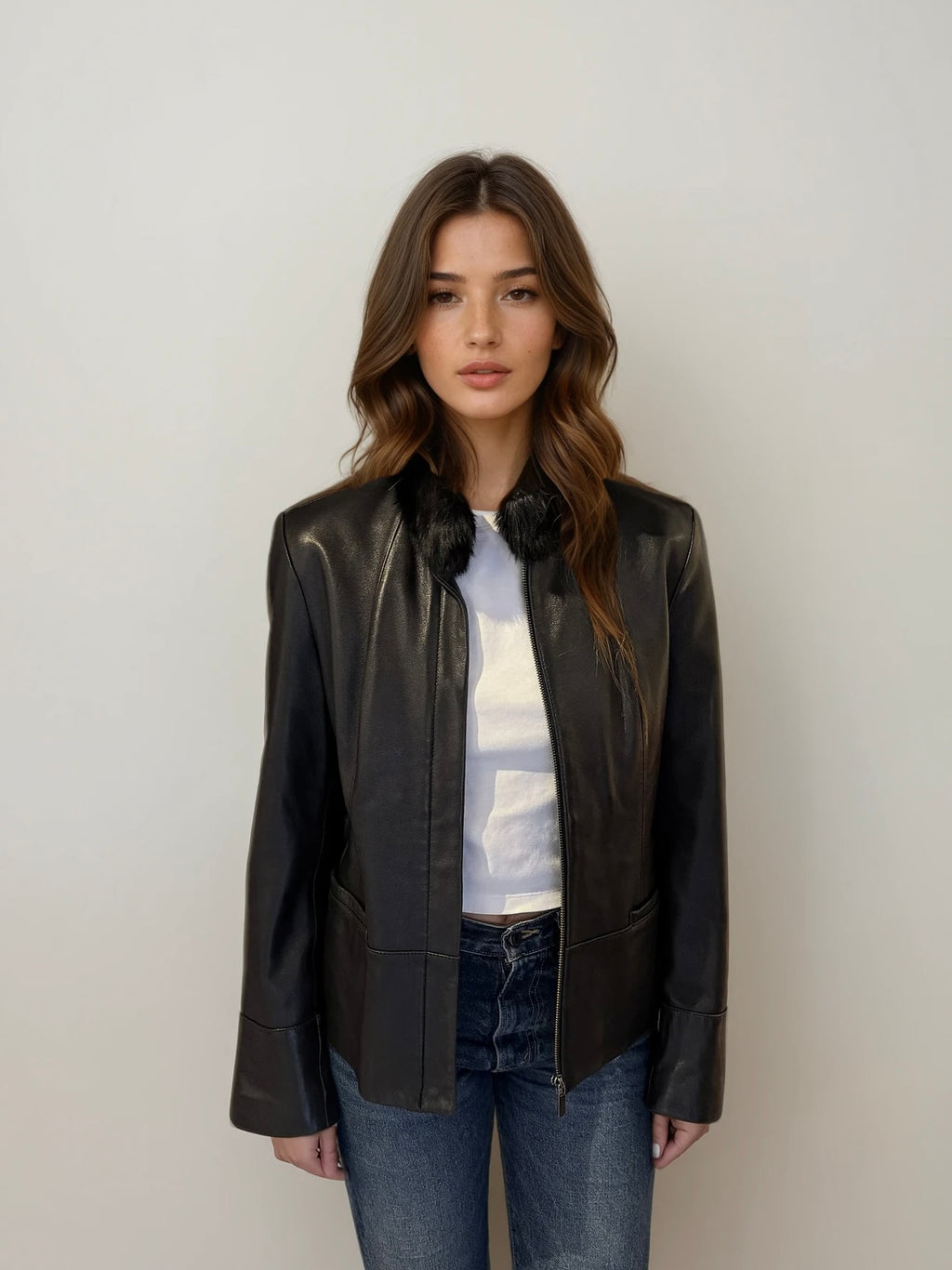 Black Leather Fur Collar Blazer