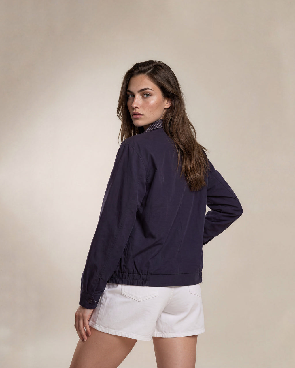 YSL Navy Classic Plaid Collared Bomber with White Logo