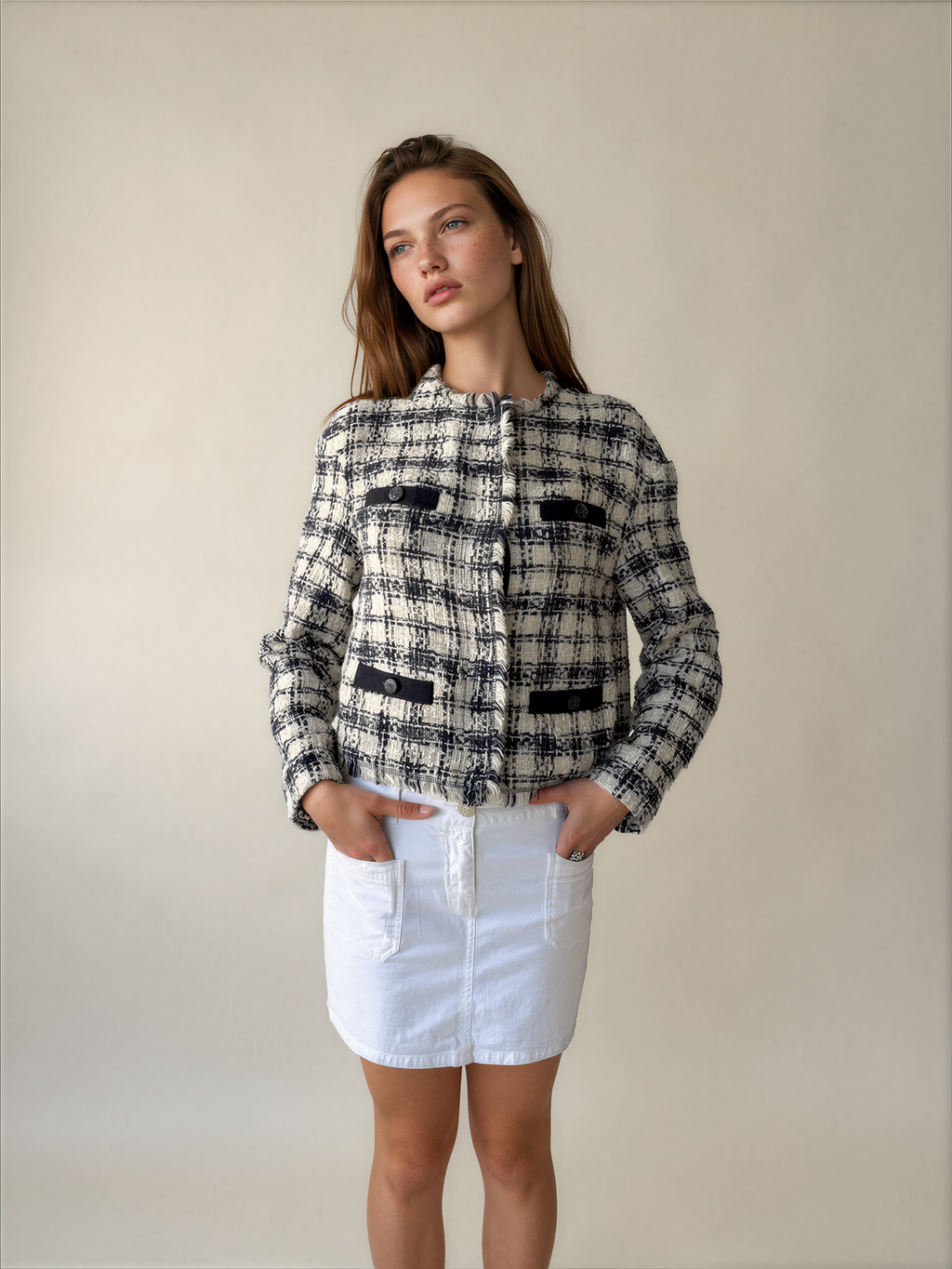 Escada White And Blue Tweed Blazer