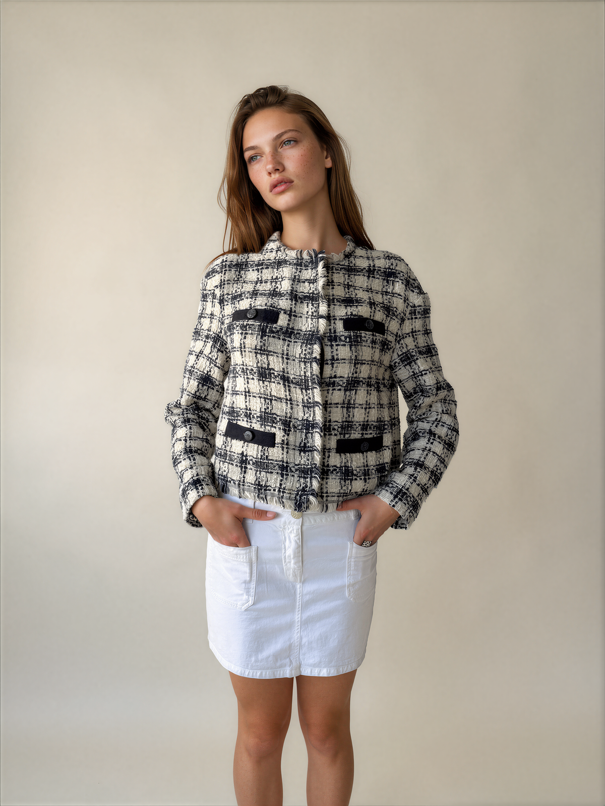 Escada White And Blue Tweed Blazer