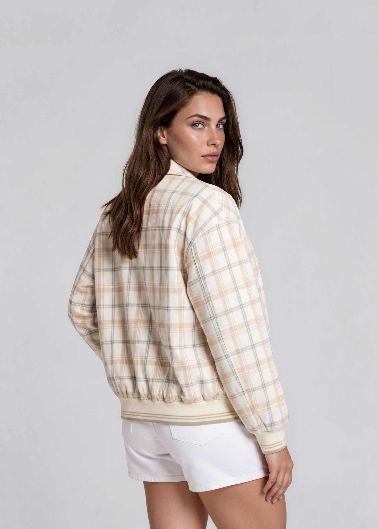 YSL Cream Plaid Collared Bomber