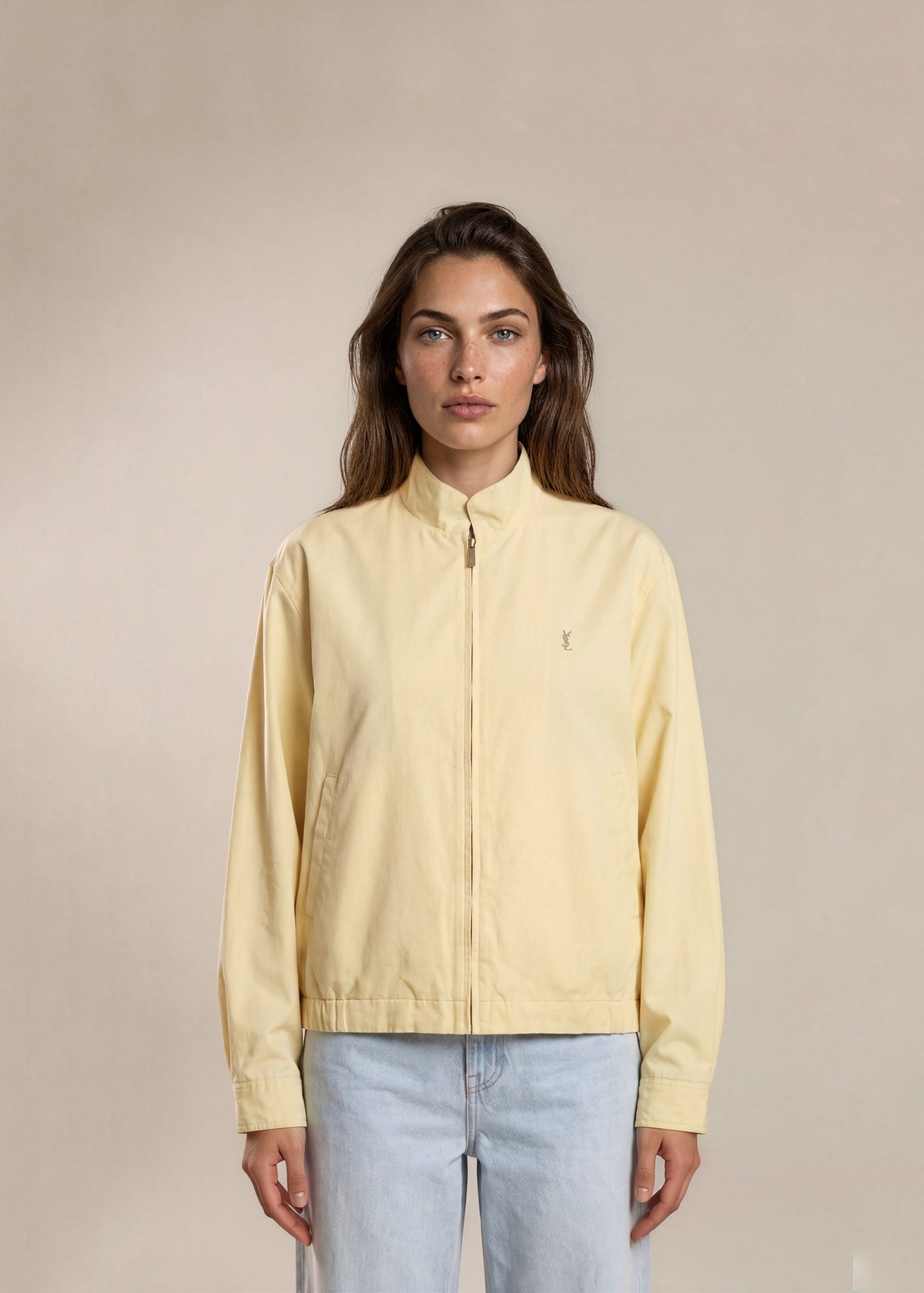 YSL Baby Yellow Windbreaker Zip Collar Bomber with Grey Logo