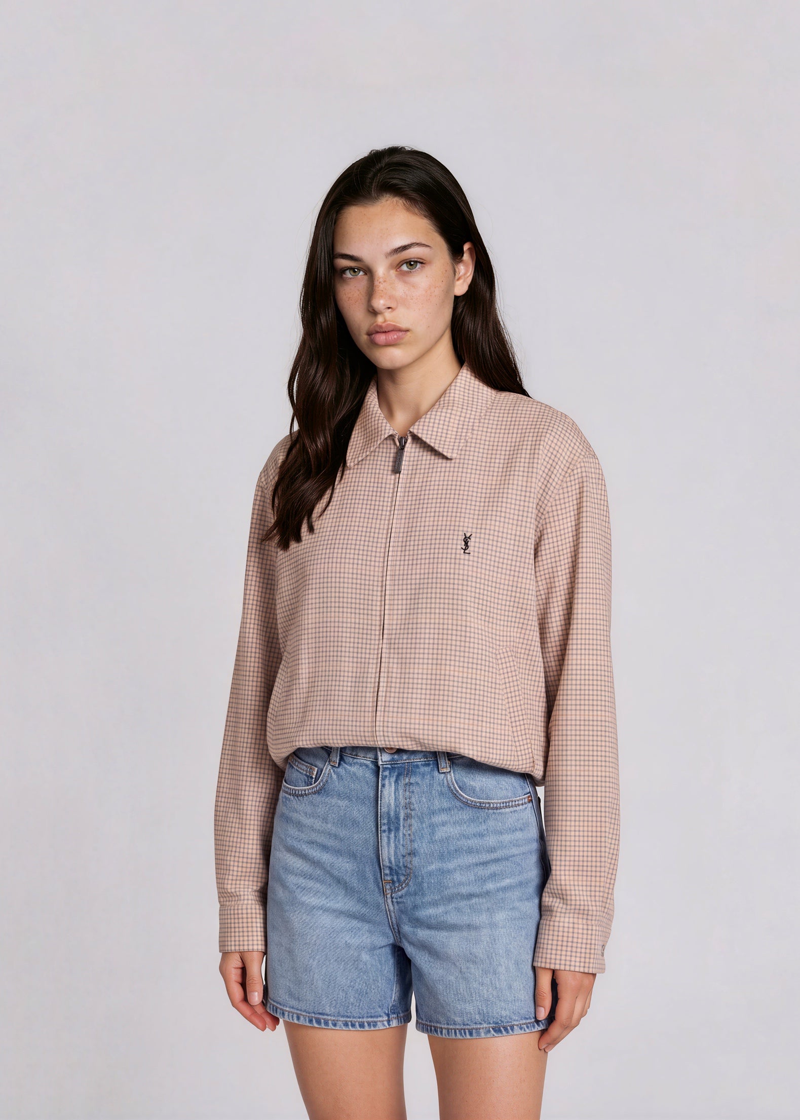 YSL Tan Plaid Collared Bomber