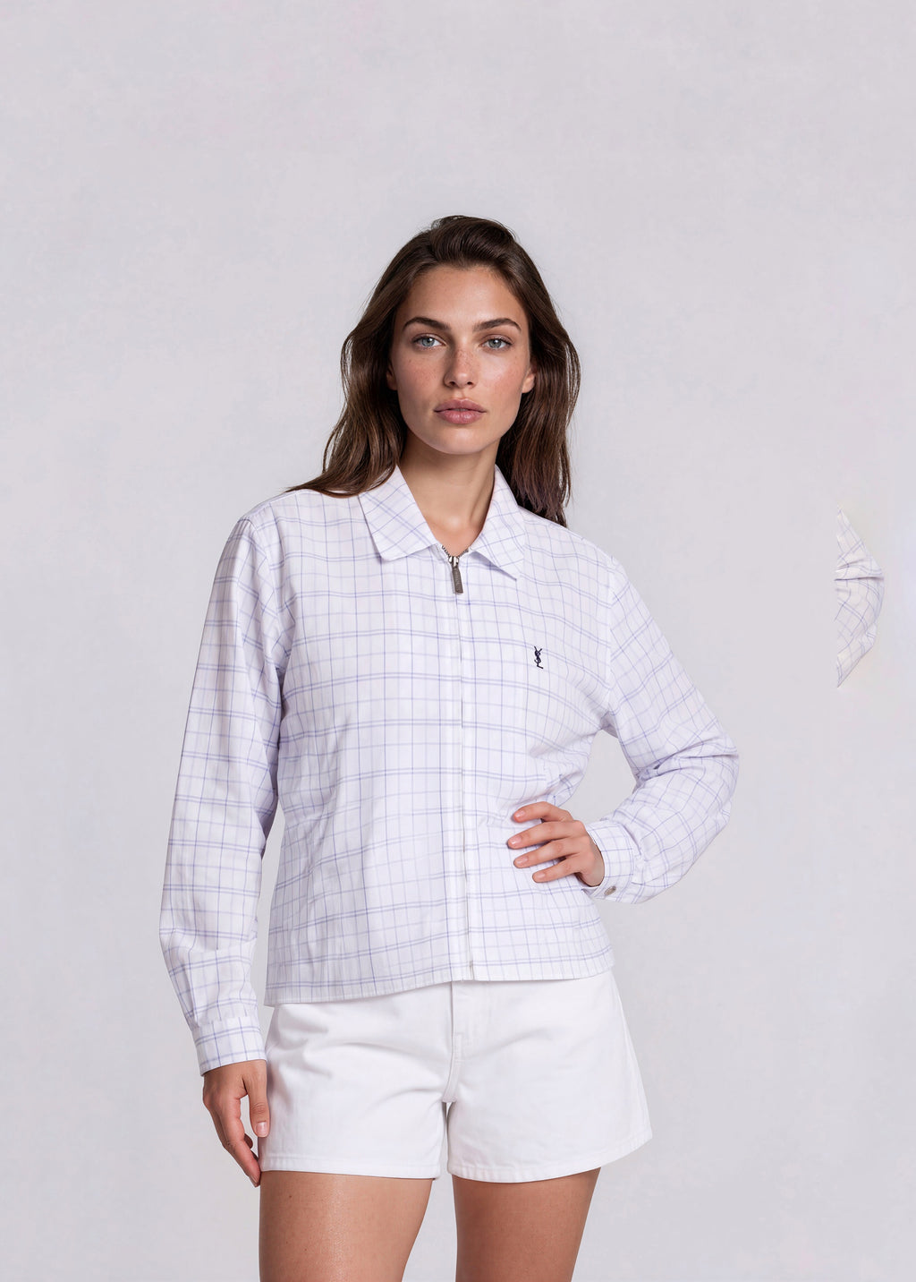 YSL Light Blue Plaid Collared Bomber with Navy Logo