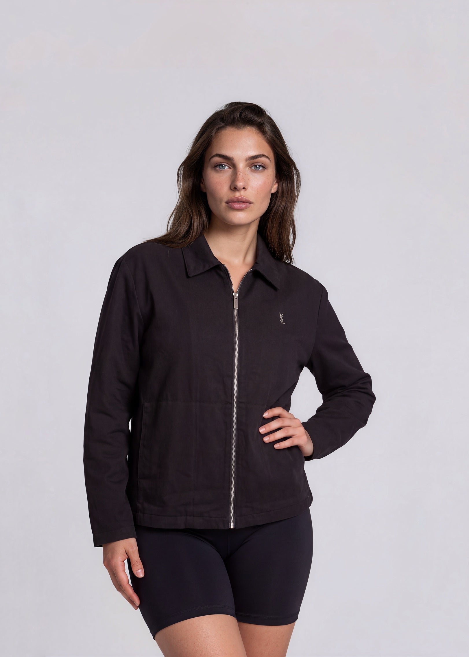 YSL Black Classic Collared Bomber with White Logo