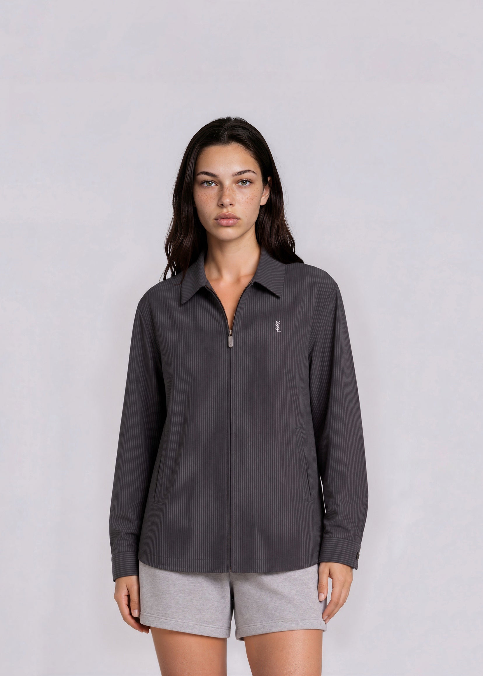 YSL Charcoal Striped Classic Collared Bomber