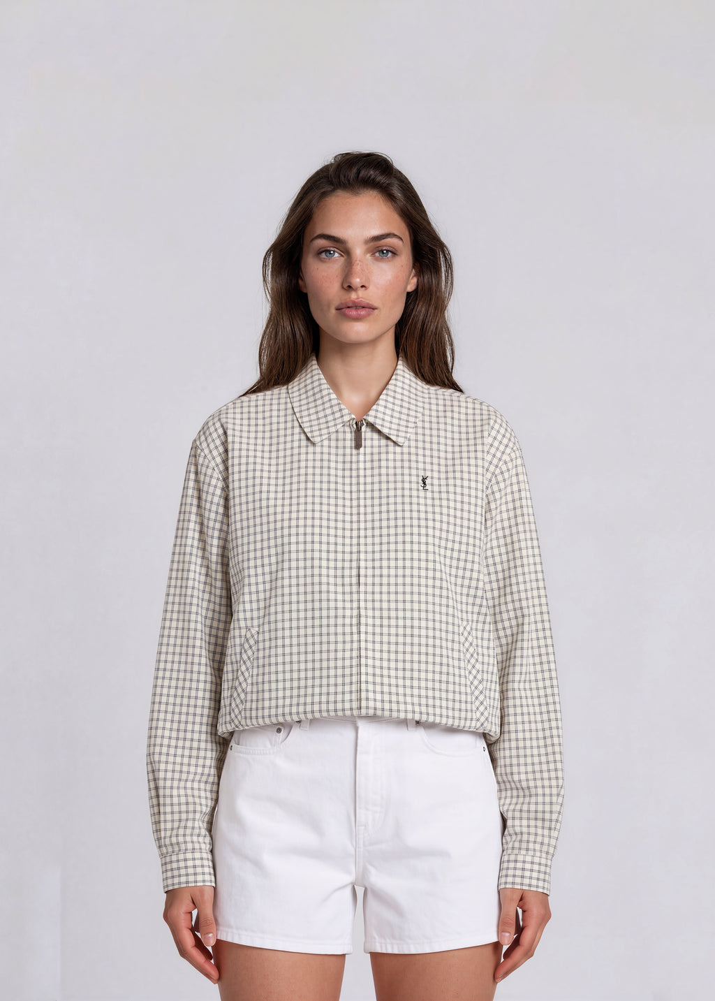 YSL White and Navy Grid Collared Bomber