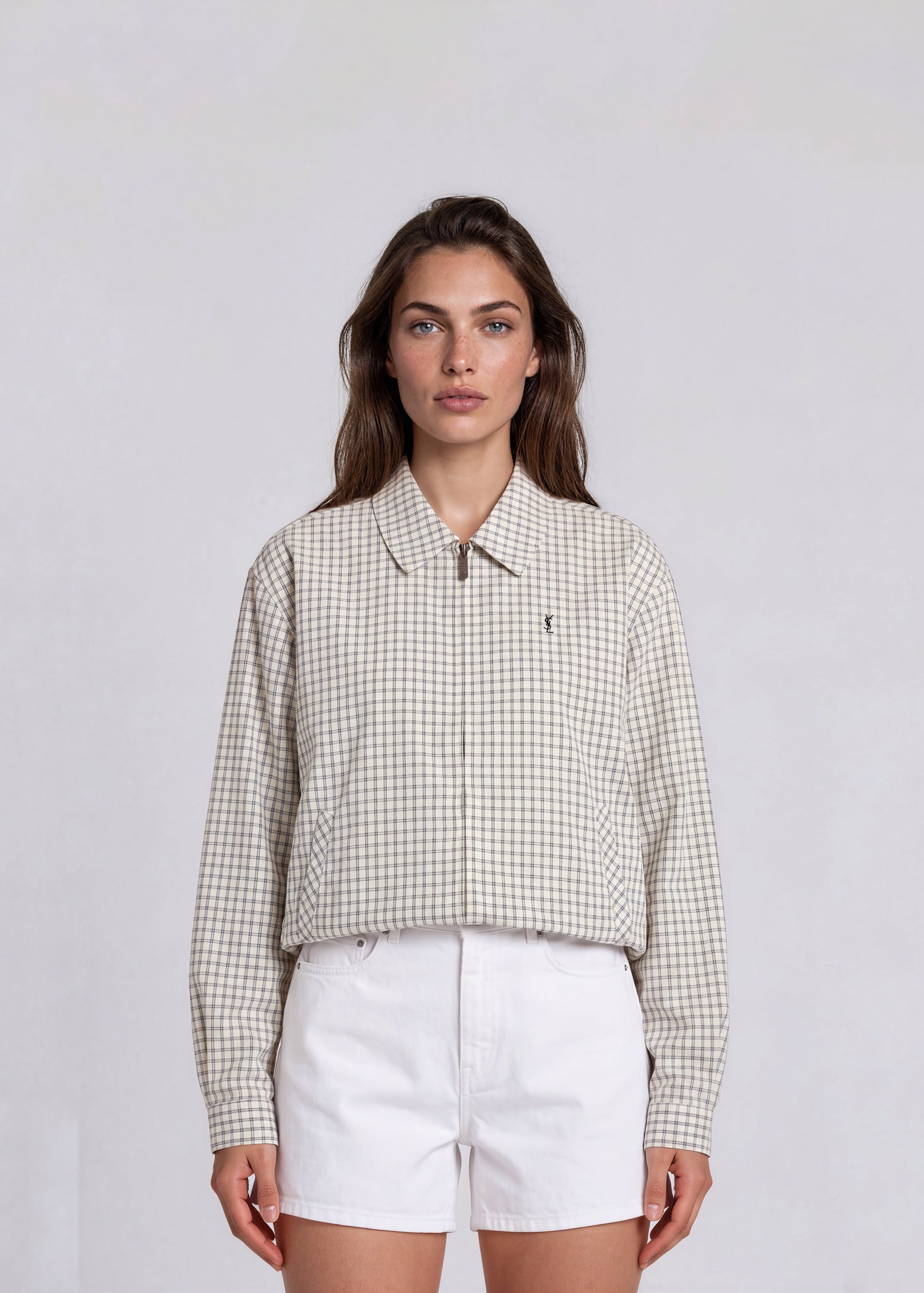 YSL White and Navy Grid Collared Bomber