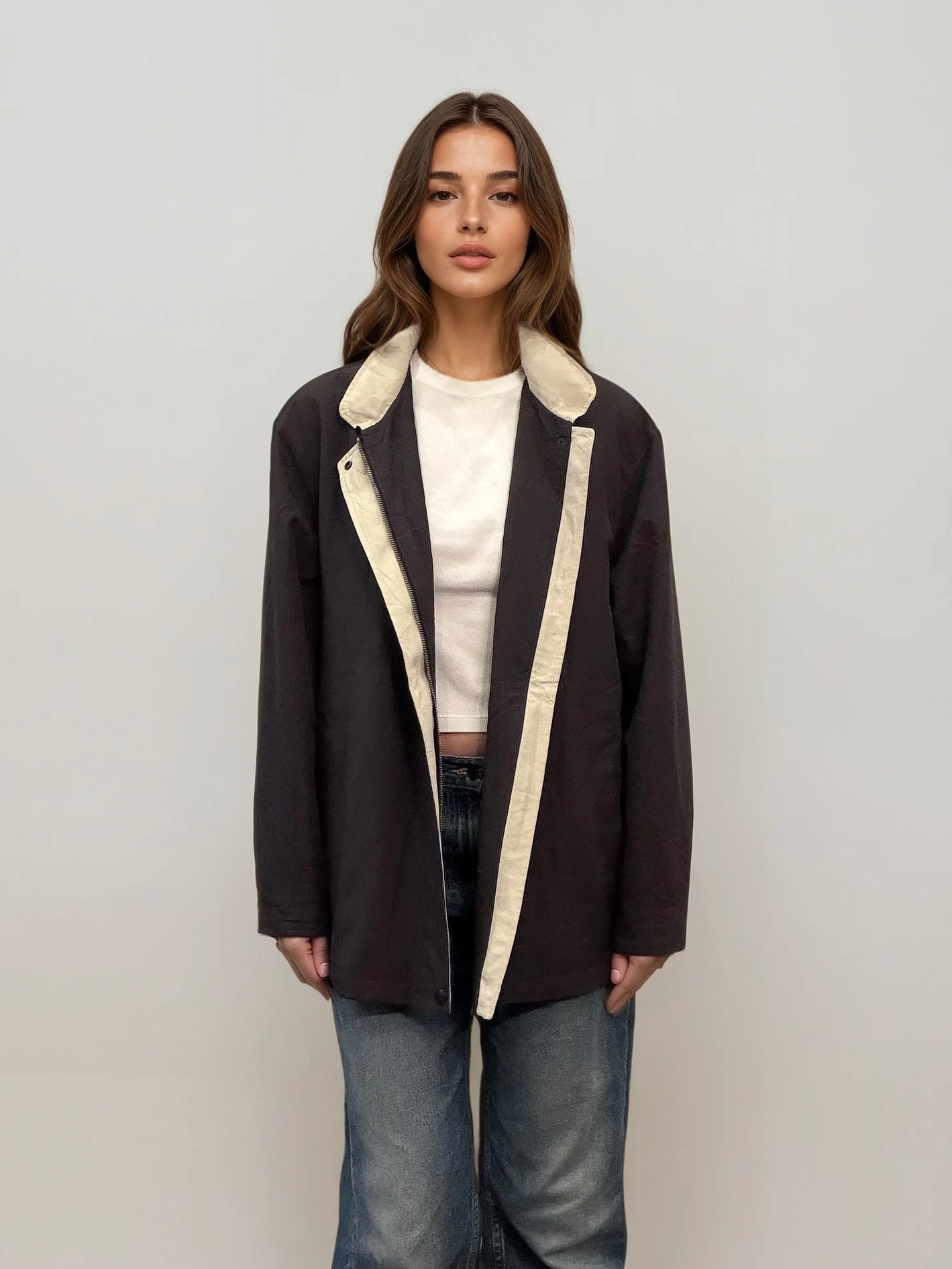 Ysl Black Zip Bomber with Cream Collar