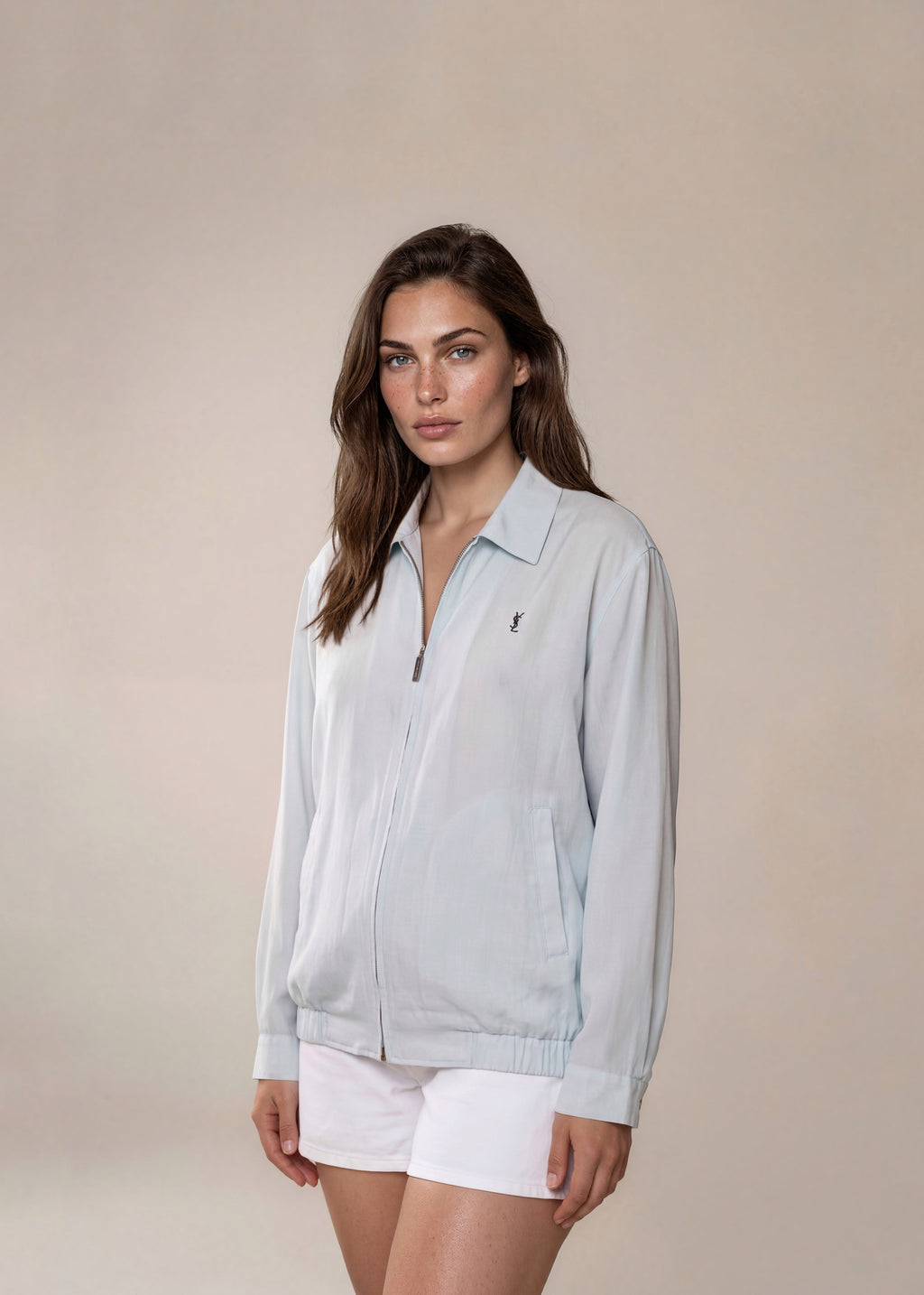 YSL Baby Blue Classic Collared Bomber with Navy Logo
